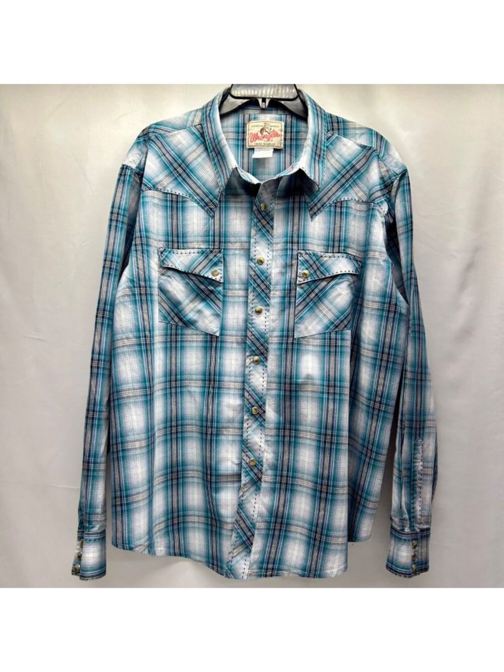 Wrangler Women's Western Plaid Snap Button Shirt Long Sleeve Blue & White Size M